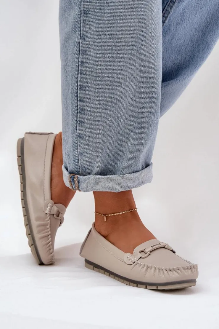 Damskie buty S.Barski Loafersy Damskie|Mokasyny Damskie Skórzane*Płaskie Skórzane Mokasyny Z Ozdobą S.Barski LR51-547 Beżowe Beżowy