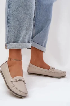 Damskie buty S.Barski Loafersy Damskie|Mokasyny Damskie Skórzane*Płaskie Skórzane Mokasyny Z Ozdobą S.Barski LR51-547 Beżowe Beżowy