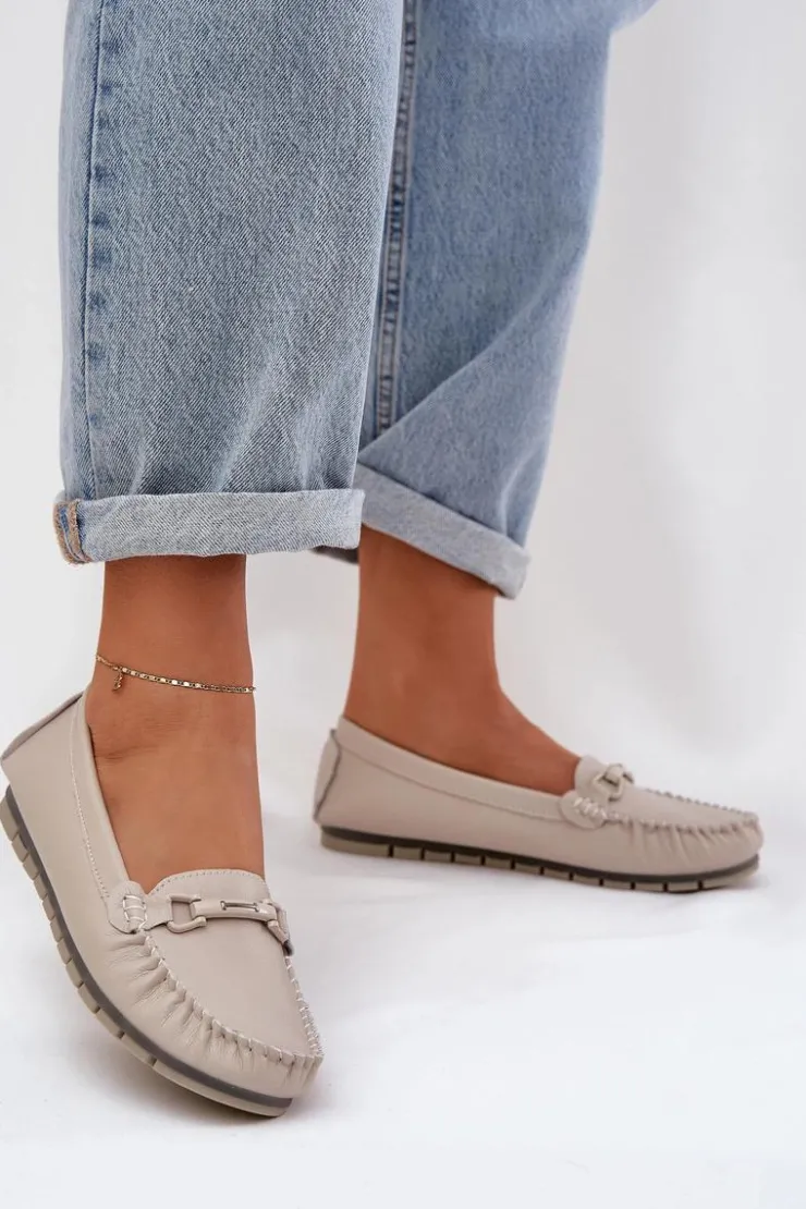 Damskie buty S.Barski Loafersy Damskie|Mokasyny Damskie Skórzane*Płaskie Skórzane Mokasyny Z Ozdobą S.Barski LR51-547 Beżowe Beżowy