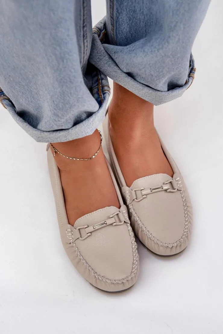 Damskie buty S.Barski Loafersy Damskie|Mokasyny Damskie Skórzane*Płaskie Skórzane Mokasyny Z Ozdobą S.Barski LR51-547 Beżowe Beżowy