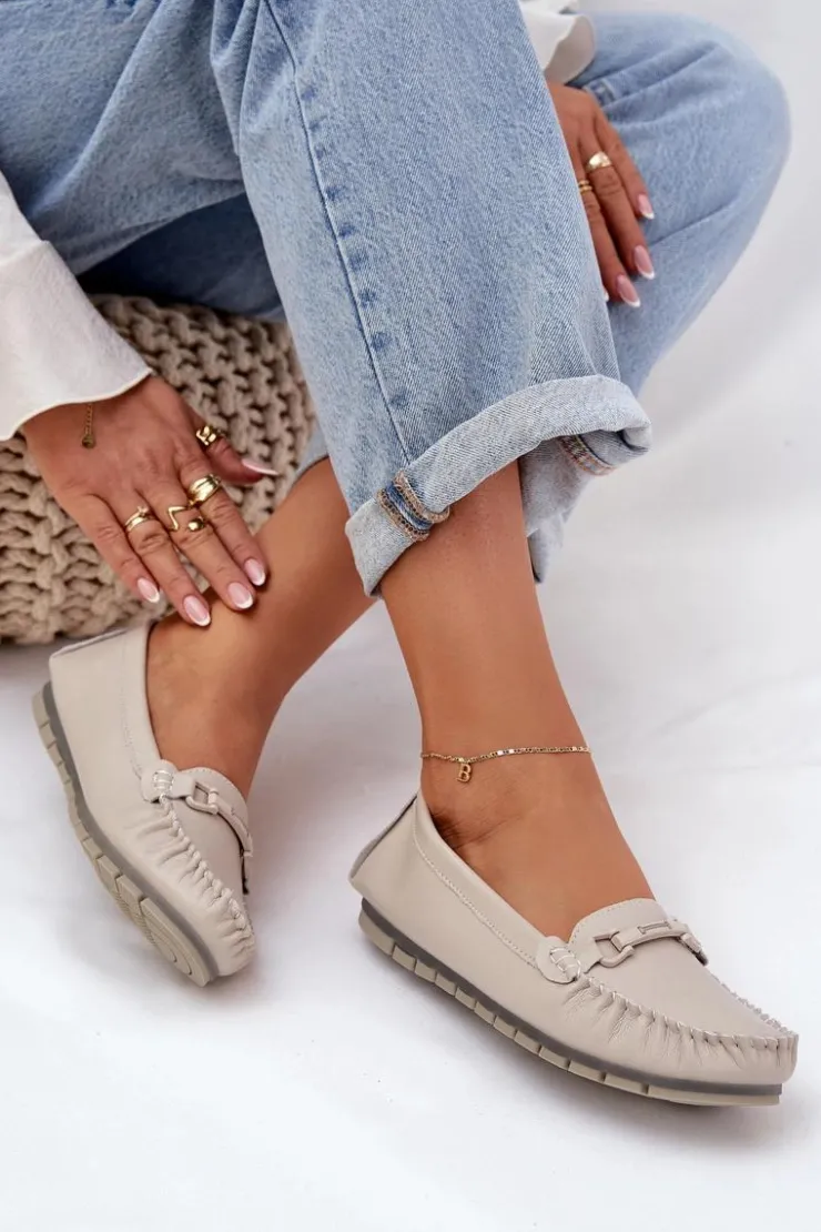 Damskie buty S.Barski Loafersy Damskie|Mokasyny Damskie Skórzane*Płaskie Skórzane Mokasyny Z Ozdobą S.Barski LR51-547 Beżowe Beżowy