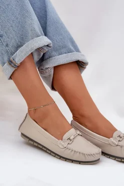 Damskie buty S.Barski Loafersy Damskie|Mokasyny Damskie Skórzane*Płaskie Skórzane Mokasyny Z Ozdobą S.Barski LR51-547 Beżowe Beżowy