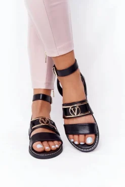 Discount Boto Płaskie Skórzane Sandały Czarne On Time