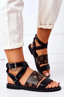 New Boto Płaskie Skórzane Sandały Czarne Loretta