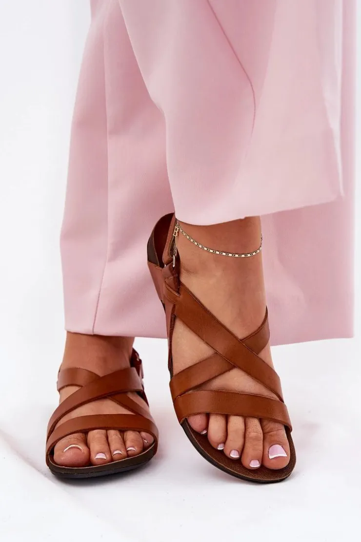 Clearance Zazoo Płaskie Skórzane Sandały Damskie 40032 Brązowe Brązowy