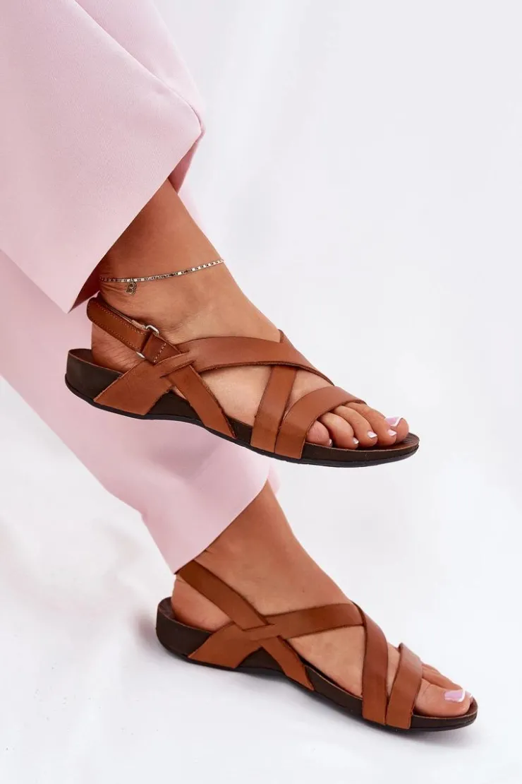 Clearance Zazoo Płaskie Skórzane Sandały Damskie 40032 Brązowe Brązowy