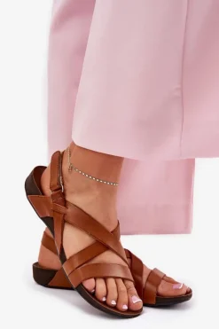 Clearance Zazoo Płaskie Skórzane Sandały Damskie 40032 Brązowe Brązowy