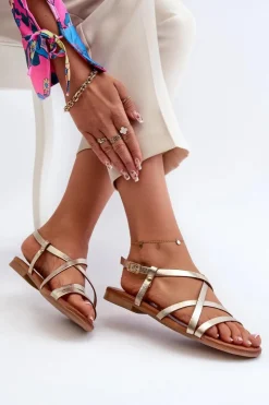 Clearance Maciejka Płaskie Skórzane Sandały Damskie 06635-25 Złote