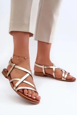 Clearance Maciejka Płaskie Skórzane Sandały Damskie 06635-25 Złote