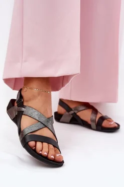 Zazoo Sandały Płaskie*Płaskie Skórzane Sandały Damskie 40032 Czarne Czarny