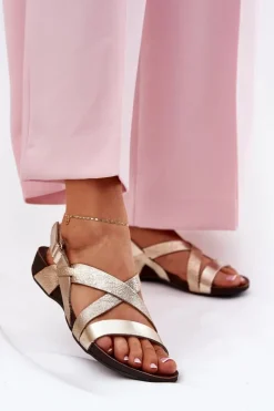 Damskie Zazoo Płaskie Skórzane Sandały Damskie 40032 Złote