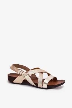 Damskie Zazoo Płaskie Skórzane Sandały Damskie 40032 Złote