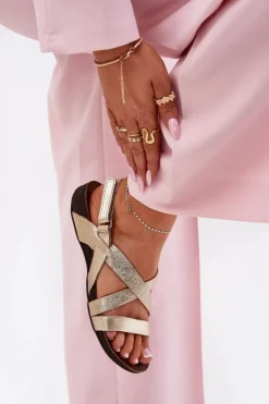 Damskie Zazoo Płaskie Skórzane Sandały Damskie 40032 Złote