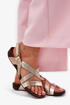 Damskie Zazoo Płaskie Skórzane Sandały Damskie 40032 Złote