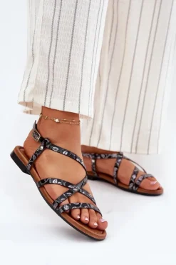 Sale Maciejka Płaskie Skórzane Sandały Damskie 06635-05 Czarne Czarny