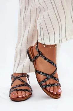 Sale Maciejka Płaskie Skórzane Sandały Damskie 06635-05 Czarne Czarny