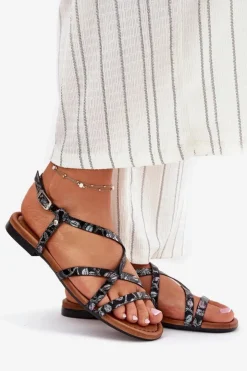 Sale Maciejka Płaskie Skórzane Sandały Damskie 06635-05 Czarne Czarny