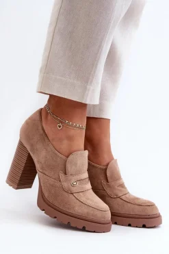 Outlet Evento Półbuty Damskie Eko Zamszowe Na Słupku Beżowe Larmaves