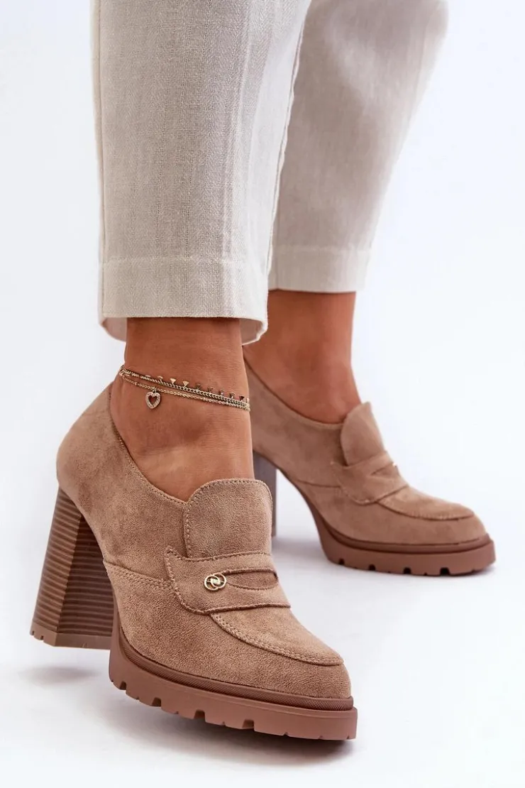 Outlet Evento Półbuty Damskie Eko Zamszowe Na Słupku Beżowe Larmaves