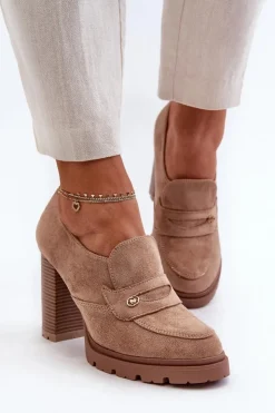 Outlet Evento Półbuty Damskie Eko Zamszowe Na Słupku Beżowe Larmaves