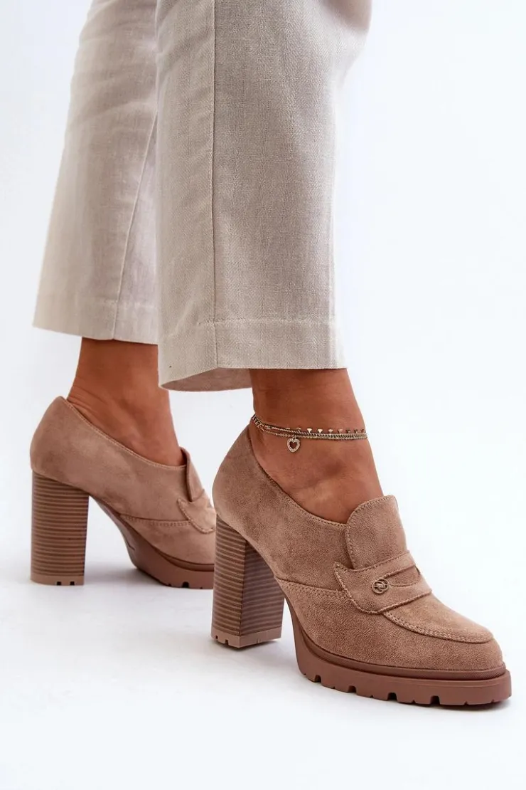 Outlet Evento Półbuty Damskie Eko Zamszowe Na Słupku Beżowe Larmaves