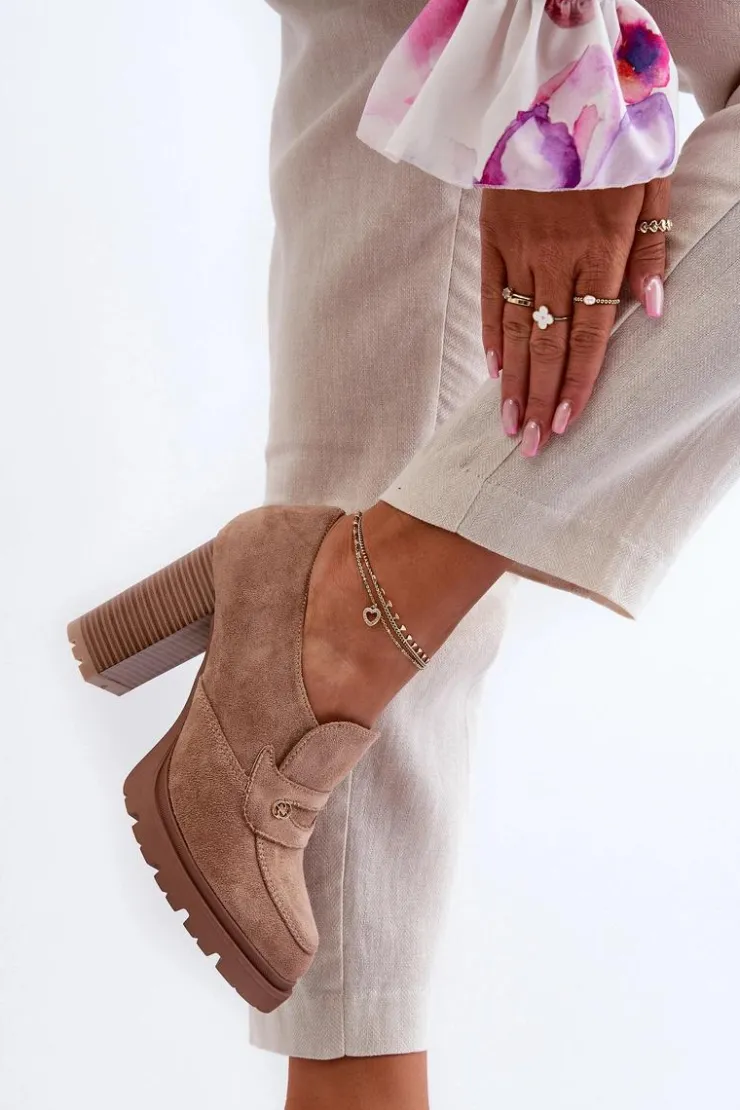 Outlet Evento Półbuty Damskie Eko Zamszowe Na Słupku Beżowe Larmaves