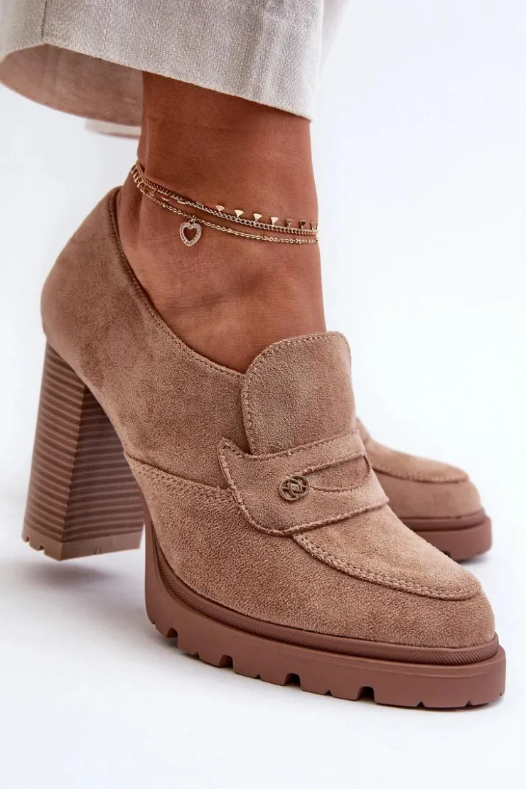 Outlet Evento Półbuty Damskie Eko Zamszowe Na Słupku Beżowe Larmaves