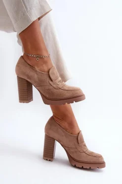 Outlet Evento Półbuty Damskie Eko Zamszowe Na Słupku Beżowe Larmaves