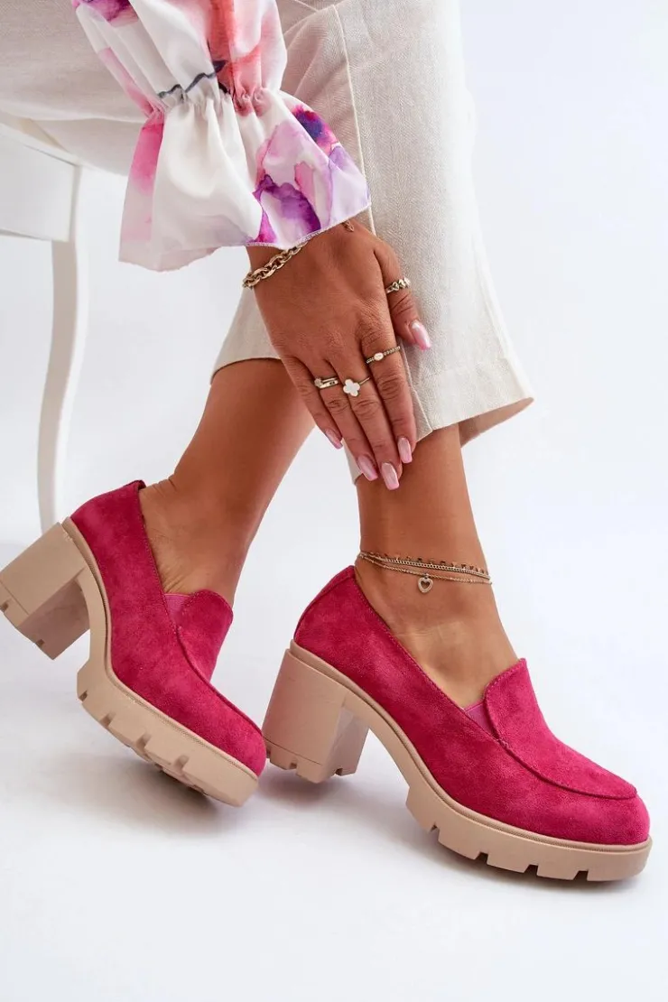 Clearance Boto Półbuty Damskie Eko Zamszowe Na Obcasie i Platformie Fuksja Arablosa