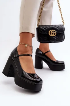 Damskie Big Star Shoes Półbuty Damskie Lakierowane Na Platformie I Słupku Big Star NN274004 Czarne