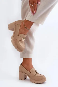 Clearance Boto Półbuty Damskie Na Masywnym Obcasie Z Ozdobą Beżowe Ranunca Beżowy