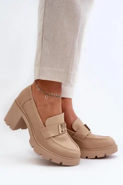Clearance Boto Półbuty Damskie Na Masywnym Obcasie Z Ozdobą Beżowe Ranunca Beżowy