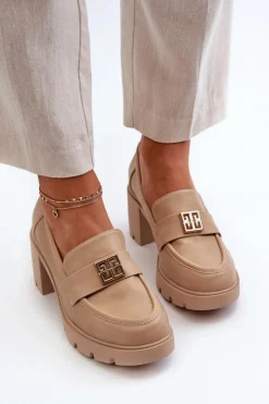 Clearance Boto Półbuty Damskie Na Masywnym Obcasie Z Ozdobą Beżowe Ranunca Beżowy