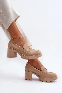 Clearance Boto Półbuty Damskie Na Masywnym Obcasie Z Ozdobą Beżowe Ranunca Beżowy