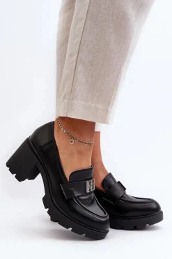 Boto Półbuty Skórzane*Półbuty Damskie Na Masywnym Obcasie Z Ozdobą Czarne Ranunca Czarny