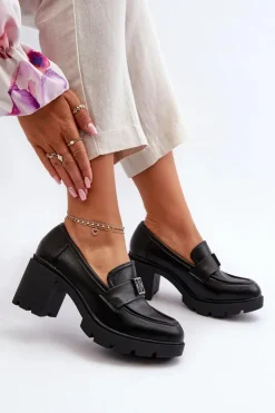 Boto Półbuty Skórzane*Półbuty Damskie Na Masywnym Obcasie Z Ozdobą Czarne Ranunca Czarny