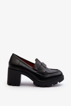 Boto Półbuty Skórzane*Półbuty Damskie Na Masywnym Obcasie Z Ozdobą Czarne Ranunca Czarny