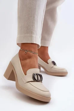 Boto Półbuty Skórzane*Półbuty Damskie Na Obcasie Z Ozdobą Beżowe Nedarea