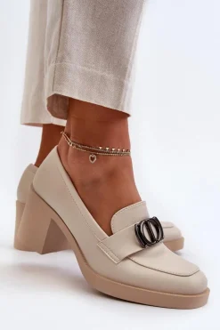 Boto Półbuty Skórzane*Półbuty Damskie Na Obcasie Z Ozdobą Beżowe Nedarea