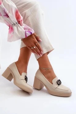 Boto Półbuty Skórzane*Półbuty Damskie Na Obcasie Z Ozdobą Beżowe Nedarea