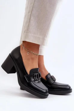 Clearance Boto Półbuty Damskie Na Obcasie Z Ozdobą Czarne Nedarea