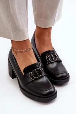 Clearance Boto Półbuty Damskie Na Obcasie Z Ozdobą Czarne Nedarea