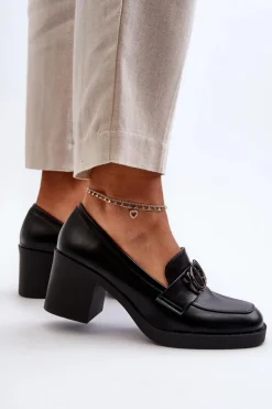 Clearance Boto Półbuty Damskie Na Obcasie Z Ozdobą Czarne Nedarea