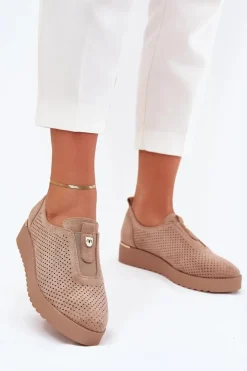 Boto Półbuty Skórzane*Półbuty Damskie Na Platformie Z Eko Zamszu Ciemnobeżowe Aviara