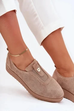 Boto Półbuty Skórzane*Półbuty Damskie Na Platformie Z Eko Zamszu Ciemnobeżowe Aviara