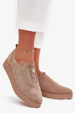 Boto Półbuty Skórzane*Półbuty Damskie Na Platformie Z Eko Zamszu Ciemnobeżowe Aviara