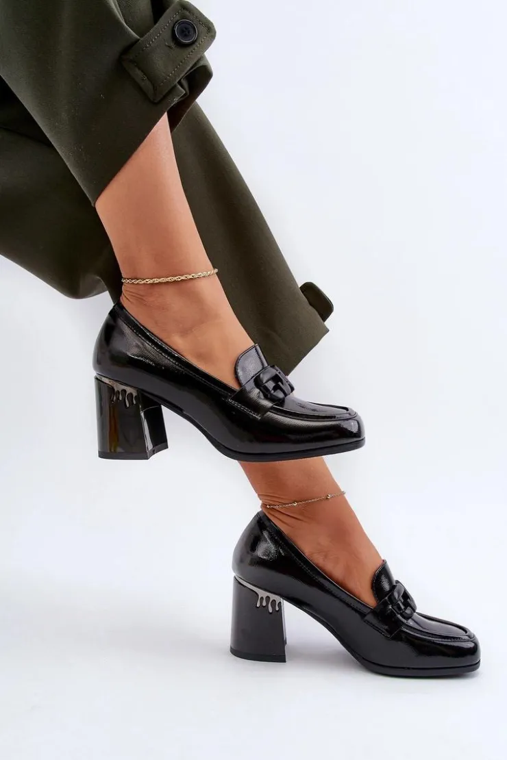 Damskie buty S.Barski Półbuty Lakierowane|Półbuty Skórzane*Półbuty Damskie Na Słupku Lakierowane Czarne D&A MR38-973 Czarny