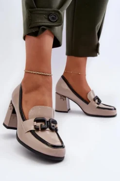 Clearance Damskie buty S.Barski Półbuty Damskie Na Słupku Lakierowane Beżowe D&A MR38-973 Beżowy