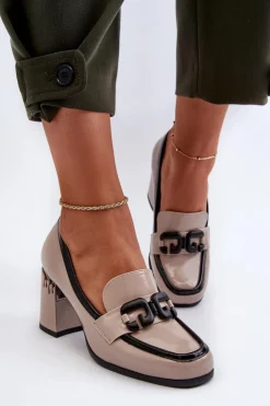 Clearance Damskie buty S.Barski Półbuty Damskie Na Słupku Lakierowane Beżowe D&A MR38-973 Beżowy