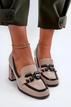 Clearance Damskie buty S.Barski Półbuty Damskie Na Słupku Lakierowane Beżowe D&A MR38-973 Beżowy